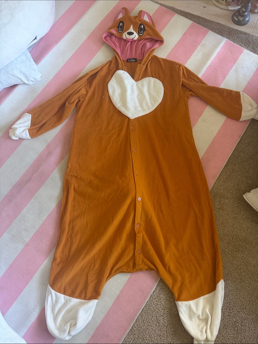 Kids Brown Fox Onesie with White Heart - Cute Hooded Pajama